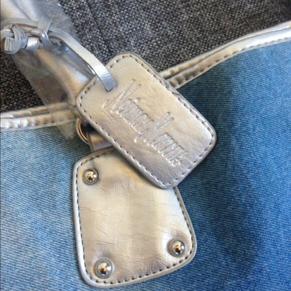 NEW Neiman Marcus  Denim Jean Blue Silver Shoulder Bag Medium Size Size Pocket - Picture 2 of 12